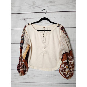 Free People Womens Blouse Off White Floral Long Sleeve Bishop Scoop Neck Boho XS